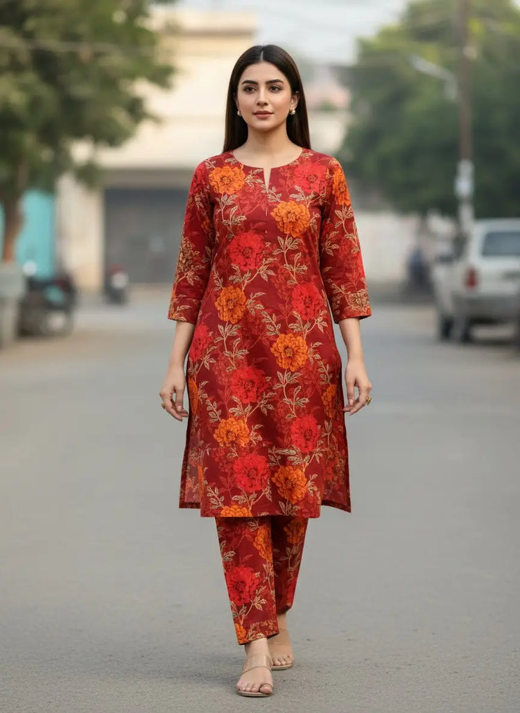 2 Piece Printed Polo Cotton Suit for Women – Unstitched Maroon