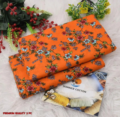 2 Piece Printed Micro Polo Cotton Suit for Women – Unstitched Orange