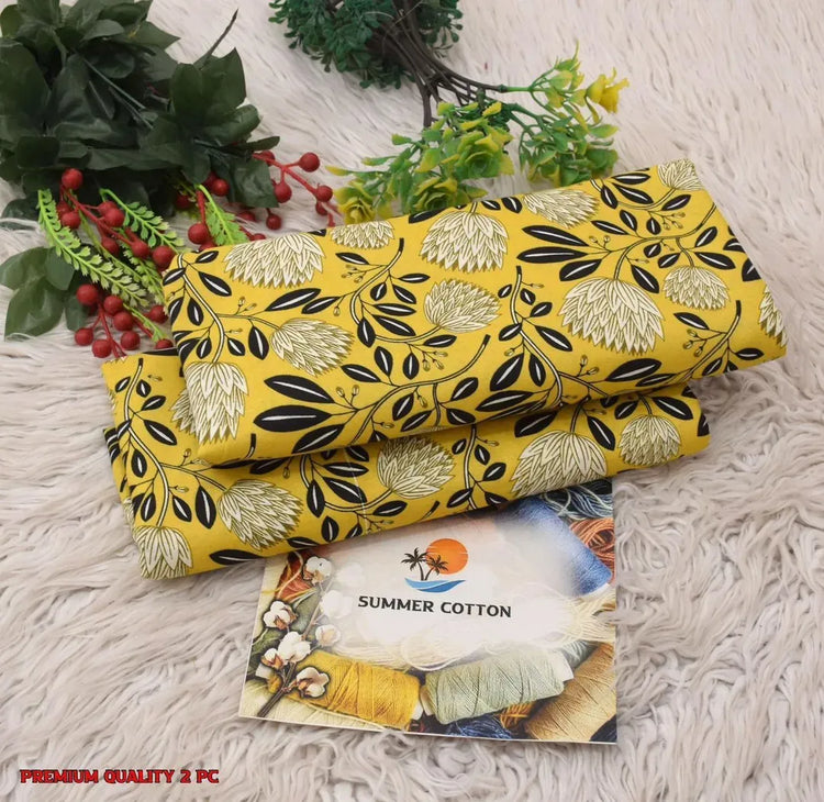 2 Piece Printed Polo Cotton Suit for Women – Unstitched Yellow