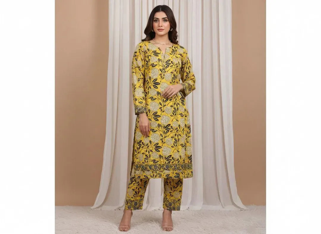 2 Piece Printed Polo Cotton Suit for Women – Unstitched Yellow