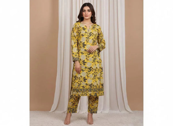 2 Piece Printed Polo Cotton Suit for Women – Unstitched Yellow