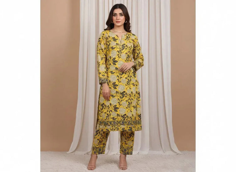 2 Piece Printed Polo Cotton Suit for Women – Unstitched Yellow