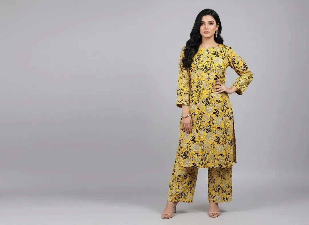 2 Piece Printed Polo Cotton Suit for Women – Unstitched Yellow