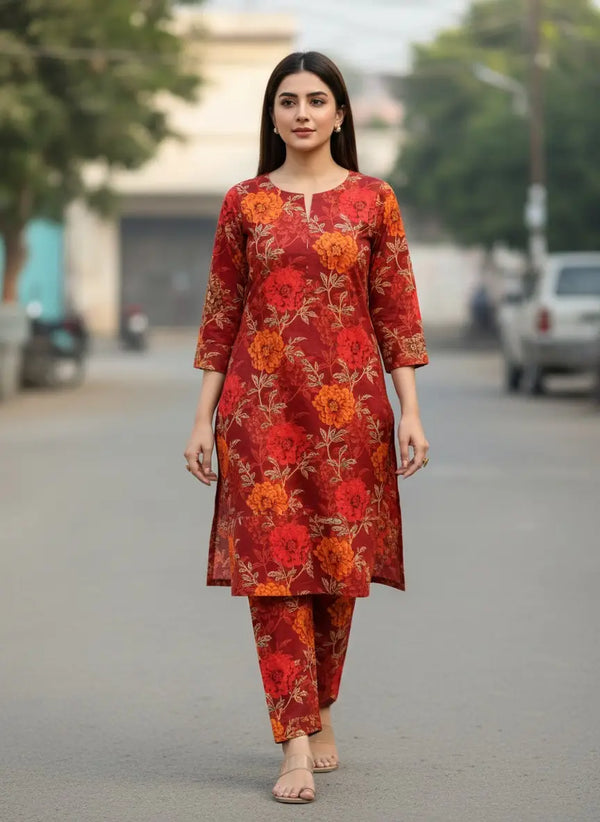 2 Piece Printed Polo Cotton Suit for Women – Unstitched Maroon