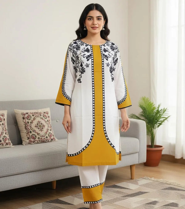 2 Piece Printed Grip Silk Suit for Women – Stitched Mustard Kurta Set