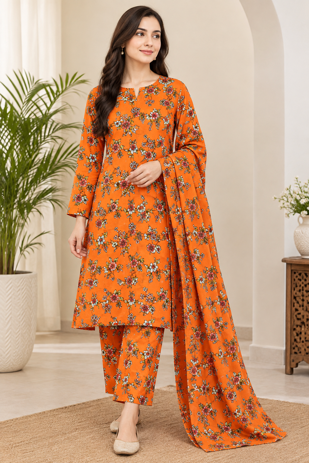 2 Piece Printed Micro Polo Cotton Suit for Women – Unstitched Orange