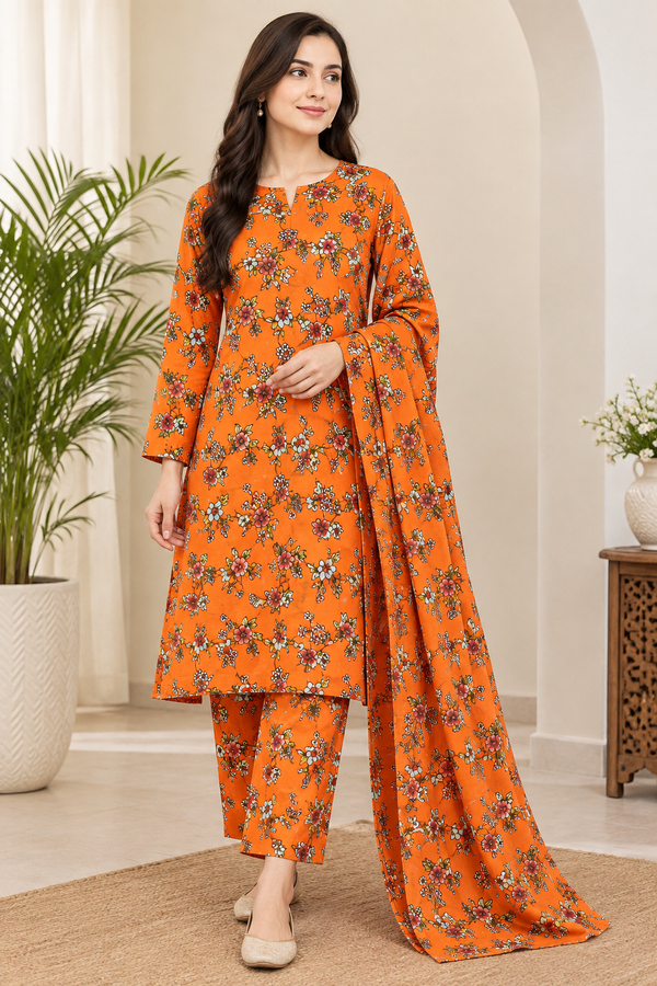 2 Piece Printed Micro Polo Cotton Suit for Women – Unstitched Orange
