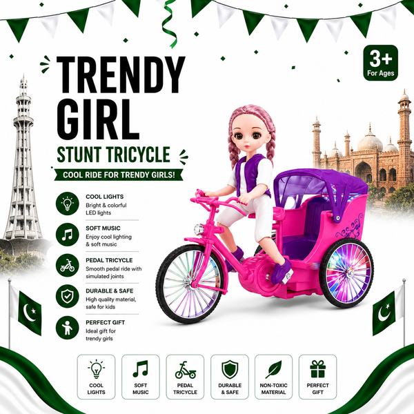 Electric Trendy Girl Rickshaw Toy with Lights & Music | Battery Operated Moving Toy for Kids