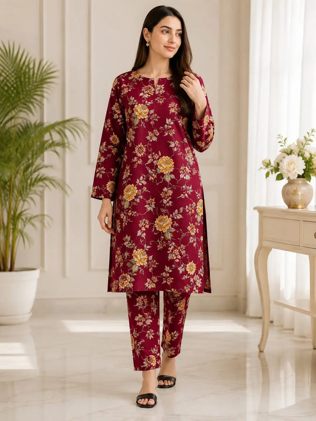 Maroon Printed Polo Cotton 2 Piece Suit for Women | Printed Shirt & Trouser