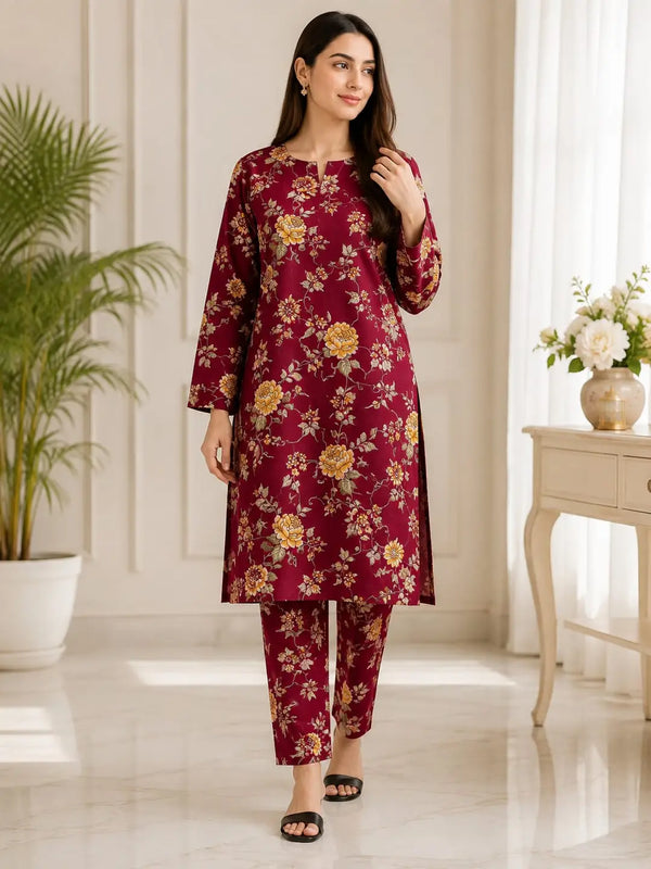 Maroon Printed Polo Cotton 2 Piece Suit for Women | Printed Shirt & Trouser